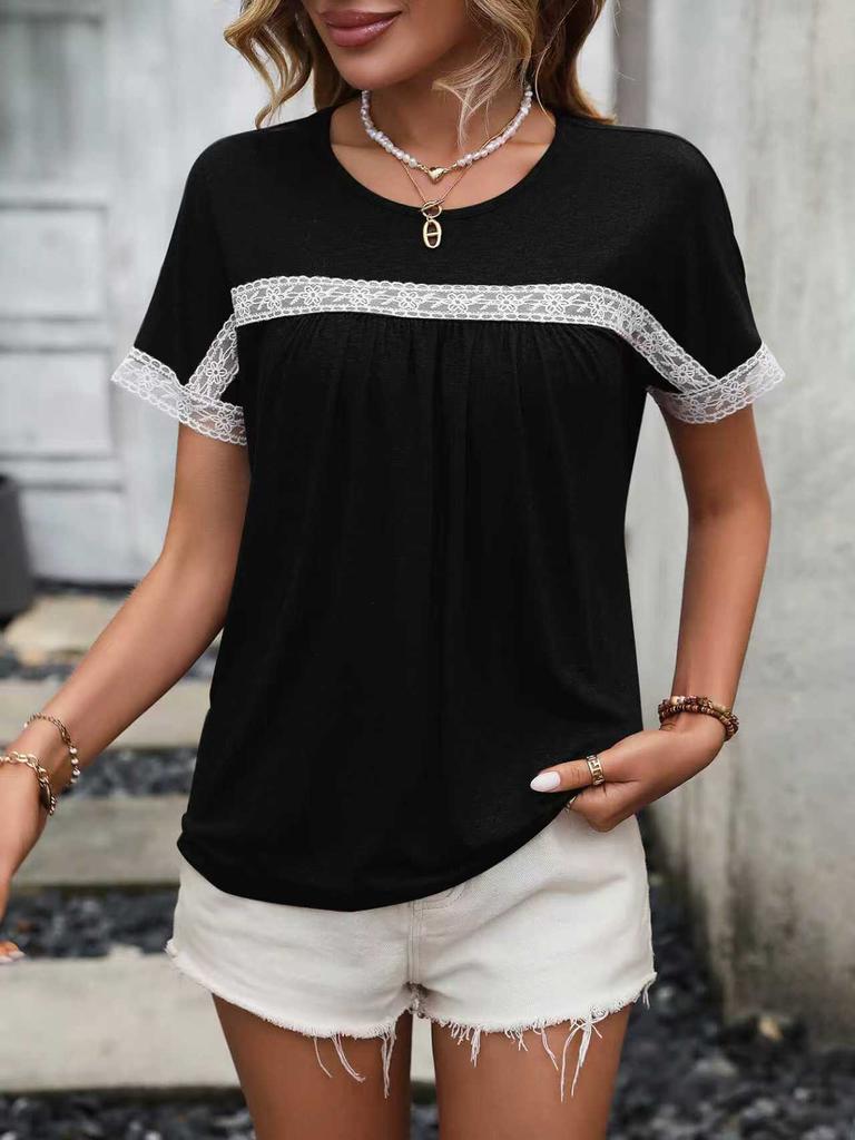 Women Short Sleeve Round Neck Lace Spliced Casual T Shirt