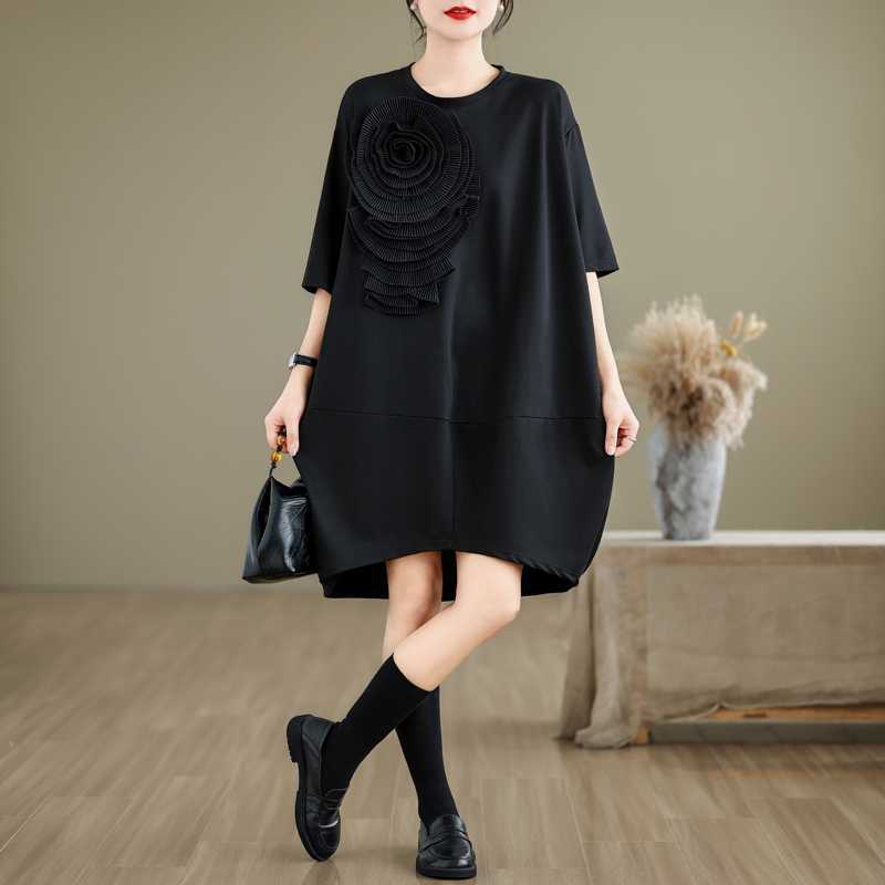 Pleated Three-dimensional Flower Short-sleeved T-shirt Dress Summer Light Luxury French Loose Chic Dress
