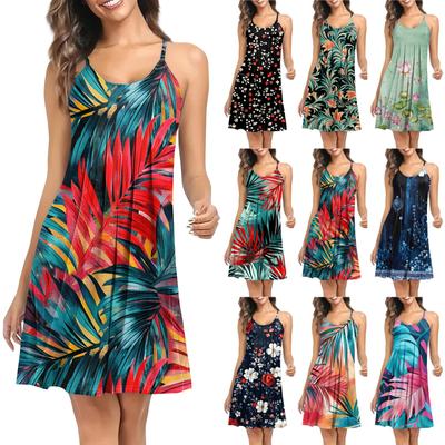 Modisches ärmelloses Strandkleid mit Blumendruck für Damen mit Hosenträgern für den Urlaub