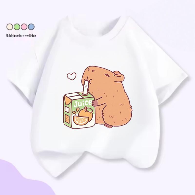 Unisex Kids’ Cute Capybara Milk Tea Cartoon T-Shirt - Loose Summer Casual Short Sleeve Top