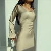 Women's Round Neck Long Sleeve Solid Colorwith Tie Back Elegant Long Dress 