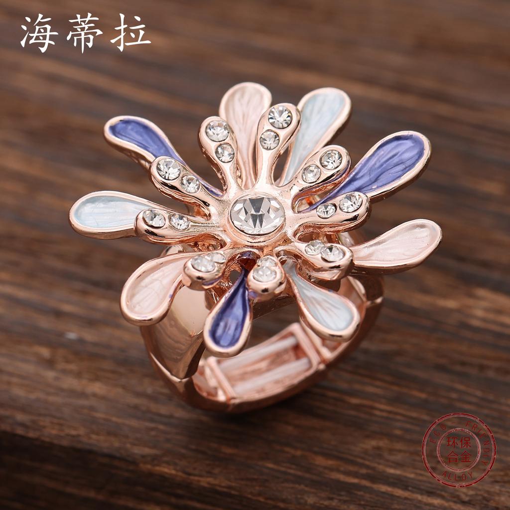 Neuer farbig bemalter Ölpunkt-Diamant kombiniert mit elastischem Blumenring, modischer und hochwertiger vielseitiger Damenring