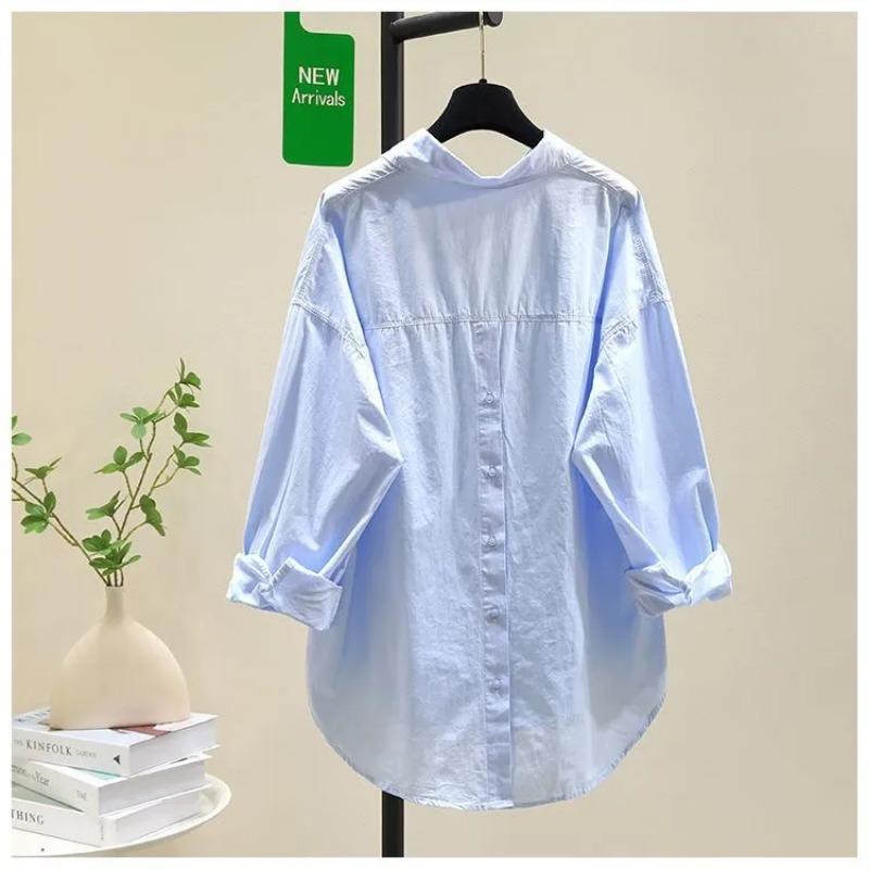 Women's Light Blue Oversized Shirt Long Sleeve Button Back Curved Hem Casual Loose Fit Top