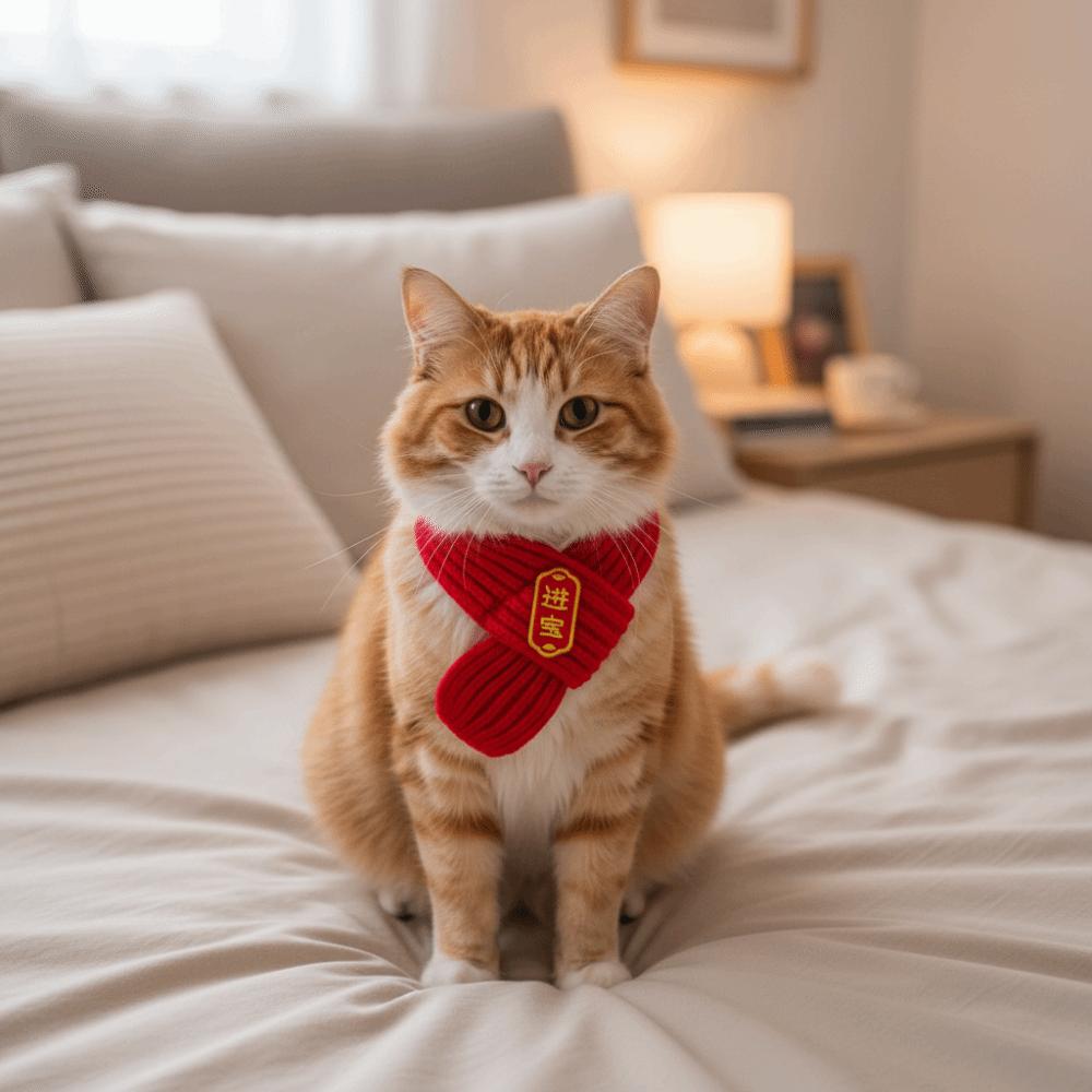 Festive Warm Cat Knitted Scarf Cute Red Color New Year Dog Scarf Blessing Pet Neck Scarf Pet Show