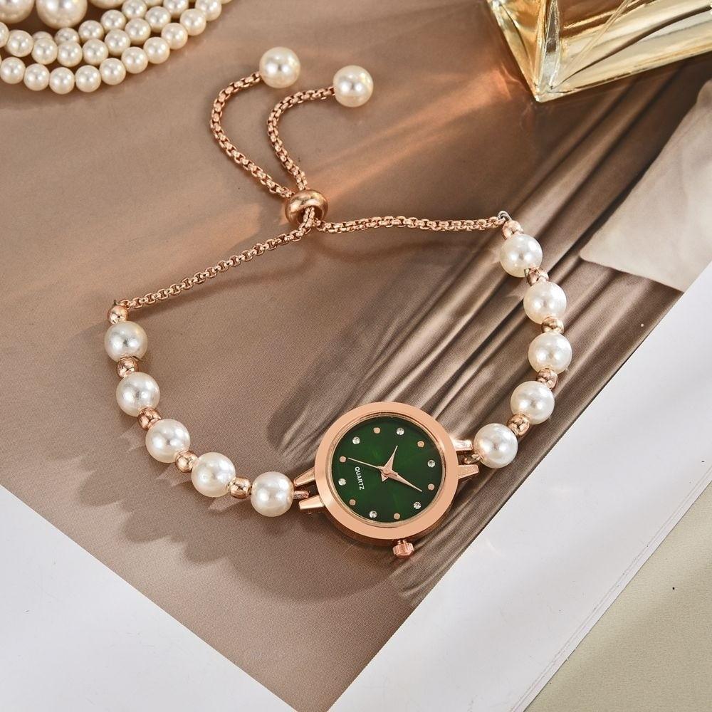

Elegant Quartz Watch Adjustable Women s Watch Trendy Pearl Bracelet Watch Birthday Gift зелений