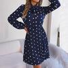 Autumn Winter Women's High Waist Pleated Dress Long Sleeve Lace Up Dot Temperament