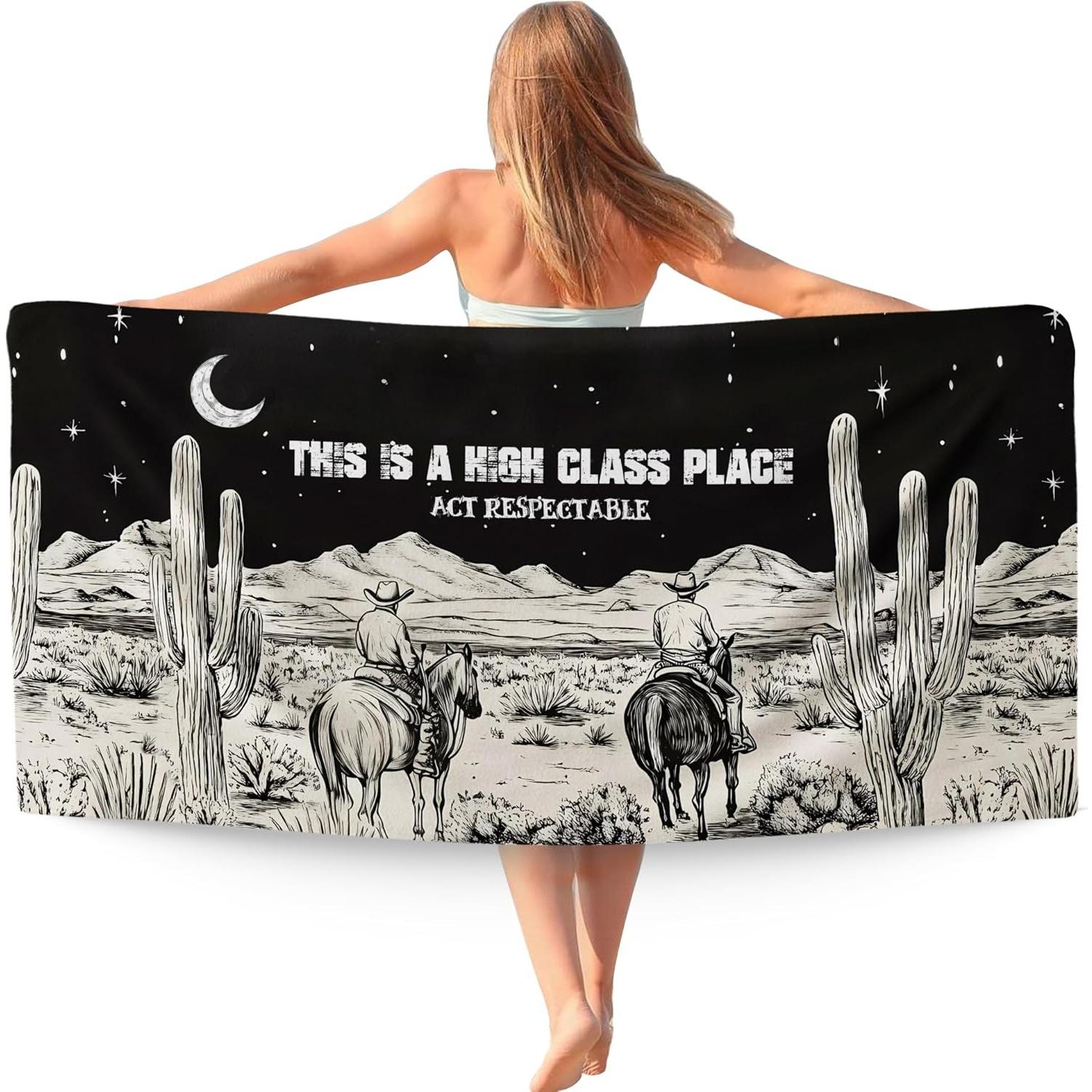 Western Beach Towel, Retro Southwestern Cactus Desert Landscape Beach Towels Oversized Gifts Cowboy Men,Western Quick Dry Travel W40*H60(CM)