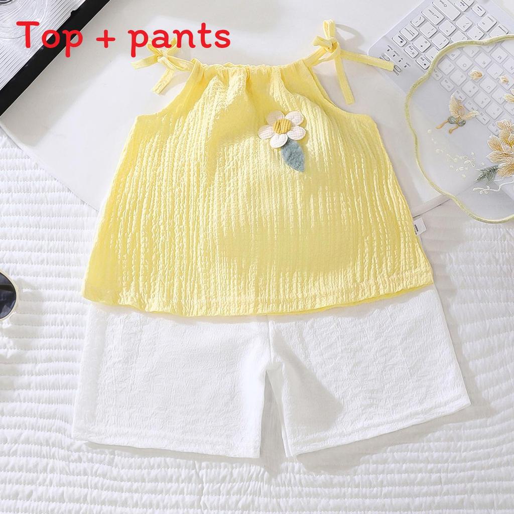 Summer Girl Floral Sleeveless Twopiece Set With Soft Polyester Fabric For Kids