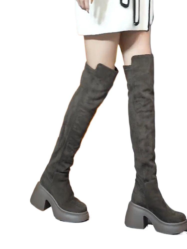 Thick-soled Over-the-knee Boots Women's High Boots Autumn and Winter 2025 New High-heeled Round Head Thick-heeled Thin Elastic Thin Boots