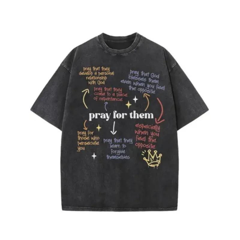 

European Size Men s Retro Oversized T-Shirt with Pray for Them Print - Soft Loose Fit Short Sleeve Crew Neck, 250G Fabric Suitable for Daily Wear 5XL