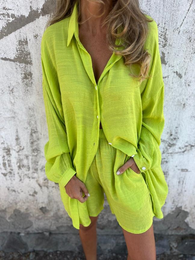 Women 2 Piece Set Suit Loose Black Shirt Cardigan Shorts Suit