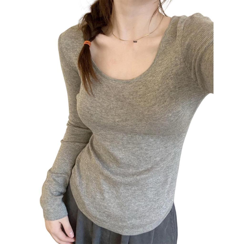 French Chic: Low Neck Knitted Tops for Women - 2025 Spring/Summer Long Sleeve Clavicle Sweater