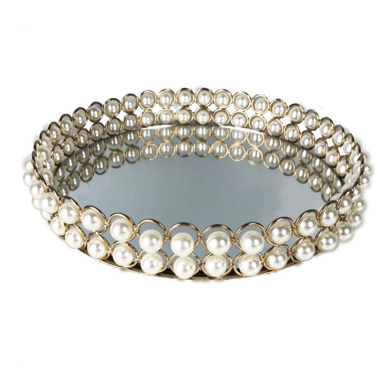 

European Pearl-edged Glass Tray Ornaments Cosmetic Mirror Storage Tray Wedding Props Mirror Cake Rack Round Glass Plate 200 x 50mm
