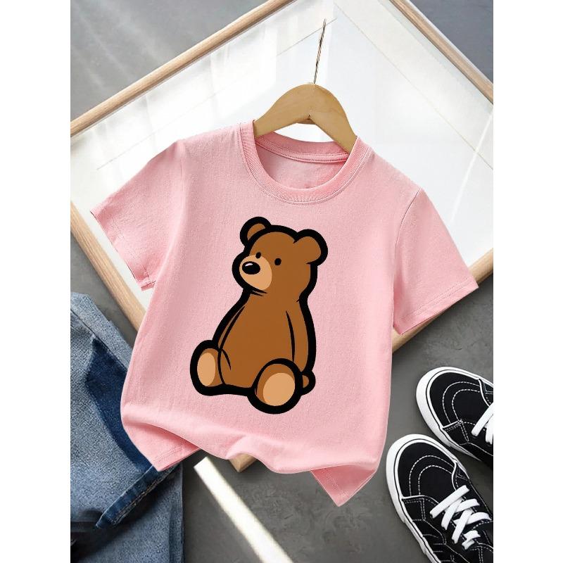 Kids Crewneck T-Shirt, Sitting Brown Teddy Bear Graphic Breathable Casual Summer Short Sleeve Top
