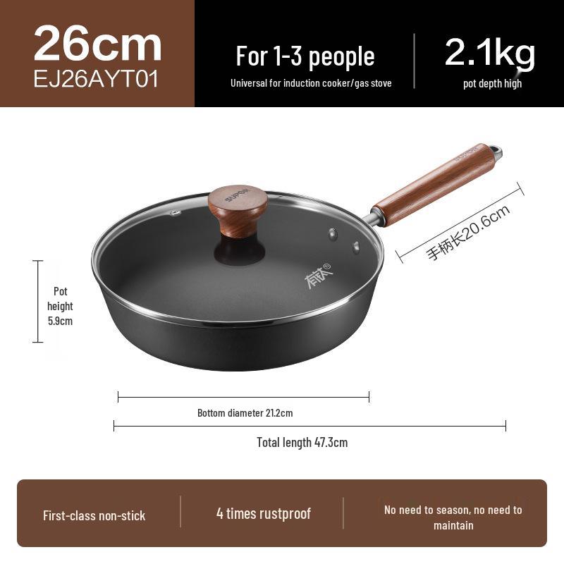 Supor Titanium Iron Non-Stick Flat Cast Iron Frying Pan for Steak - Induction & Open Flame Compatible. Level Ⅰ non-stick, 5x wear-resistant