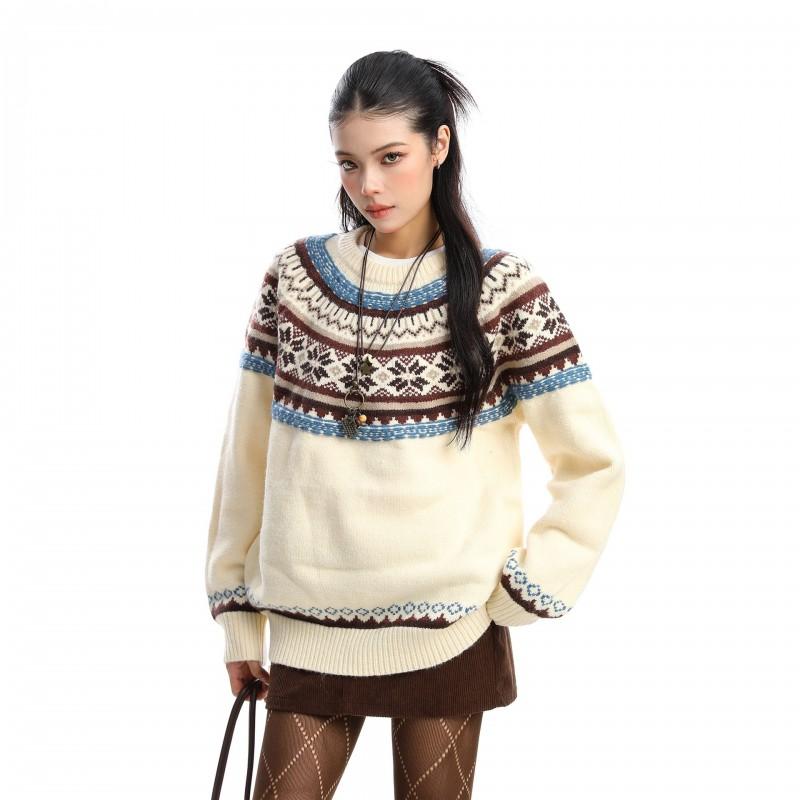 Korean Style Fair Isle Crew Neck Sweater Unisex Thick Warm Loose Knit Pullover Winter Daily Wear