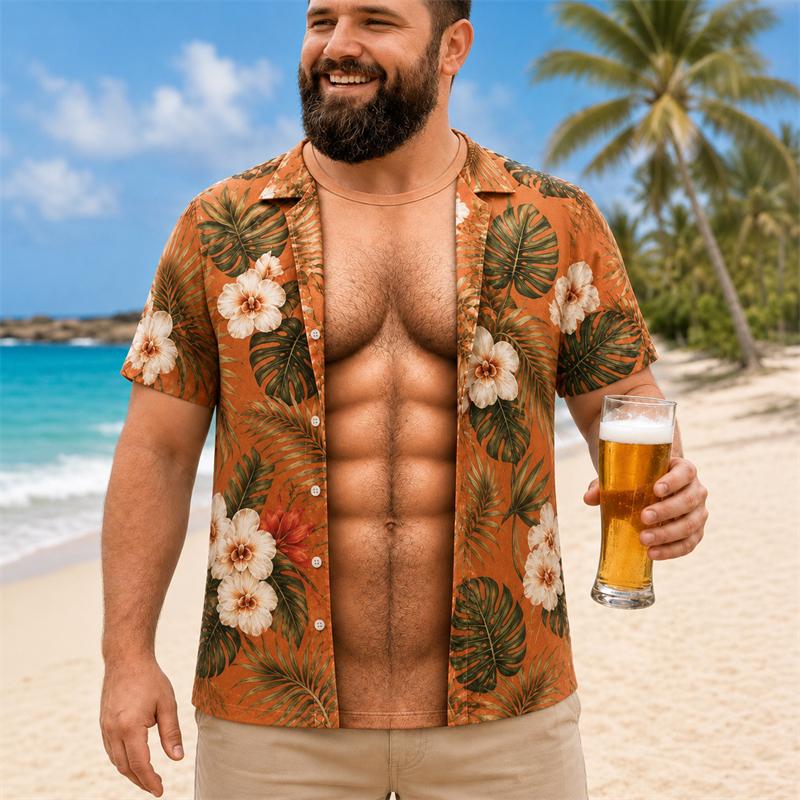 Funny 3D Print Muscle Belly Graphic T Shirt Men Hawaii Floral Leaf Pattern Casual Summer Short Sleeve Tops Beach Trip Pool Party