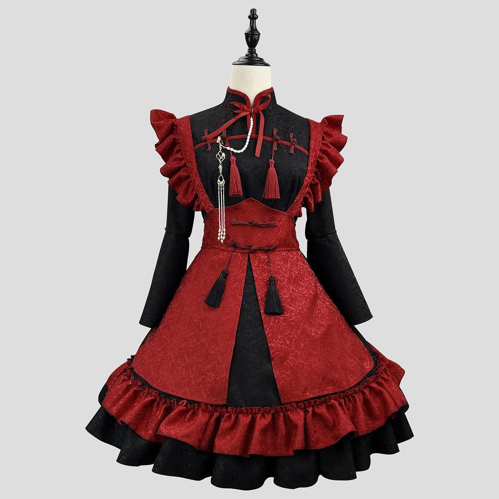 Shangki Maid Outfit, Chinese Lolita Dress, Gothic Lolita Waitress Dress with Ruffles and Headband, Red (Red, Size XL)