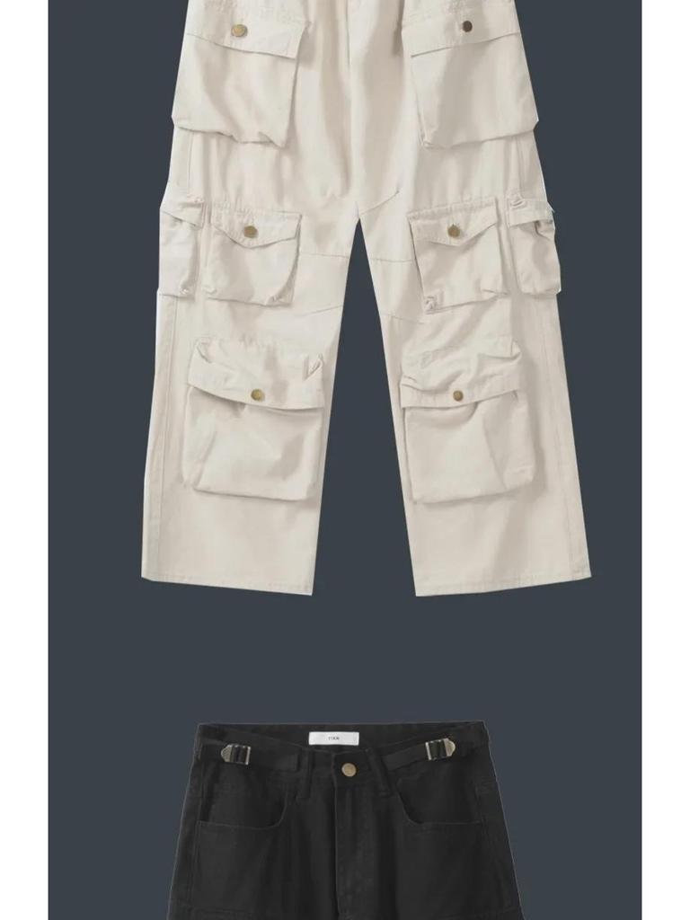 2024 Ami Khaki Retro Casual Unisex Overalls - Trendy Wide-Leg, Straight Pants with Multiple Pockets