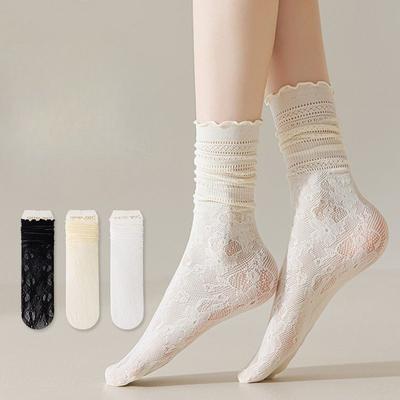 White Pile Hollow Mid-calf Socks, Thin Socks, Ice Socks, Thin Socks, Lace Socks, Mesh Lace, Summer
