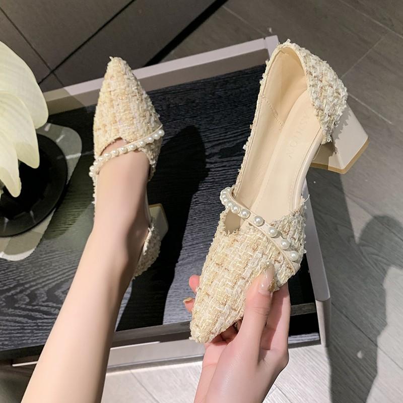 Fashion Spring New Coarse Heel Shoes Women Fashion Pointed Shallow Mouth Cloth Surface Bead Anti-slip Wear-resistant High Heels