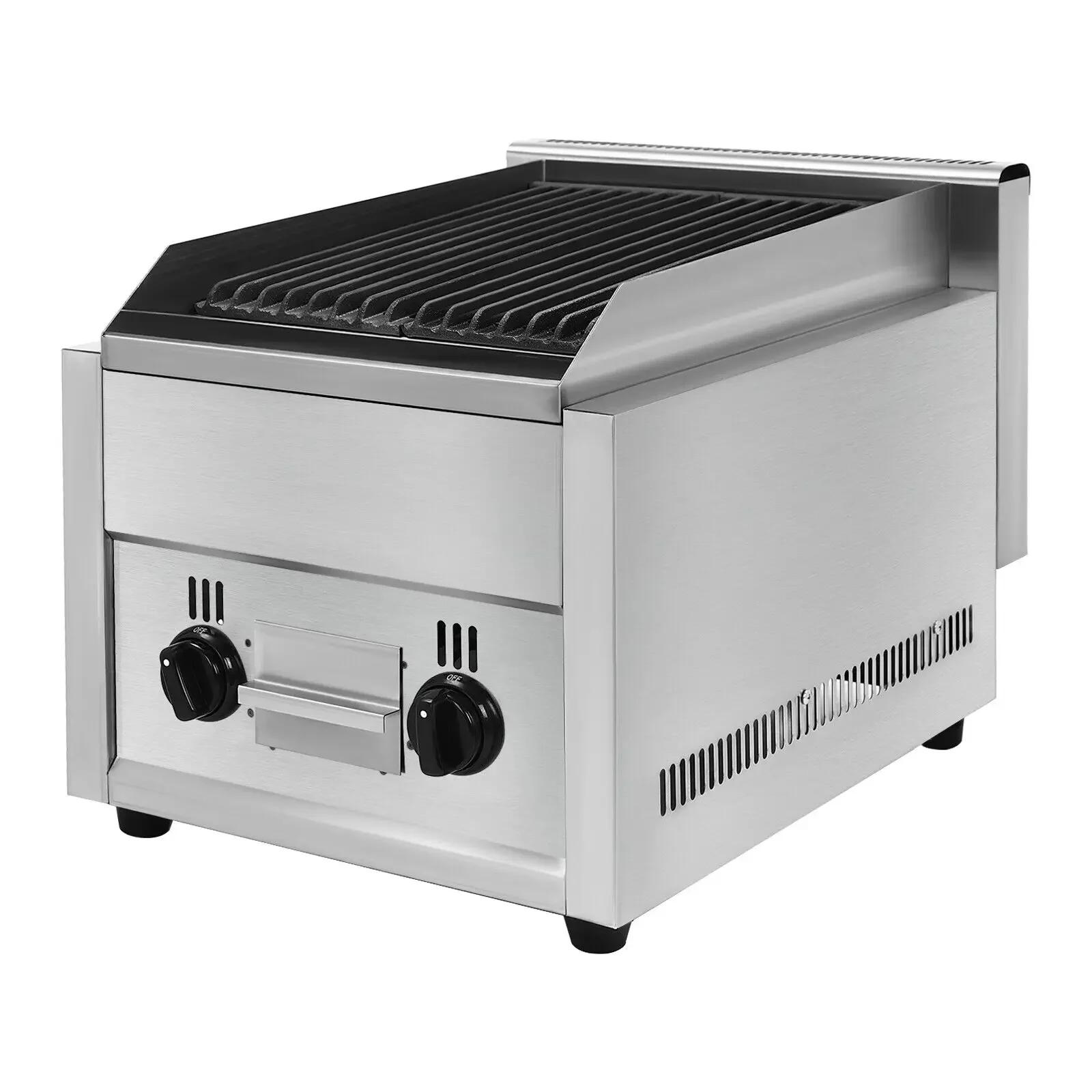 2 Burner Commercial Propane Grill Volcanic Stone Cast Iron Grates Stainless Steel High Volume Cooking