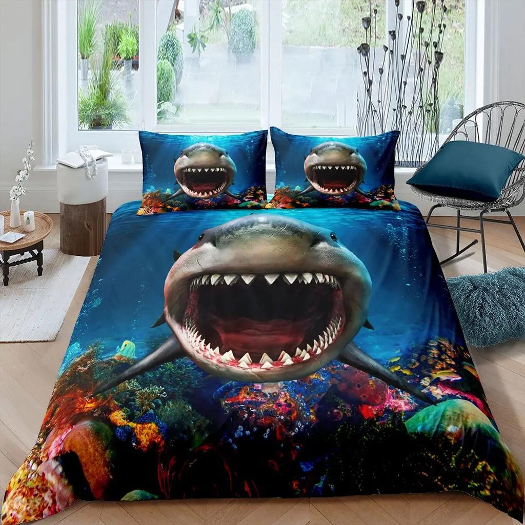 Shark Duvet Cover Ocean Watercolor Fish Quilt Cover Sea Animal Marineland Theme Decoration Bedding For Children Boys Girls Gifts