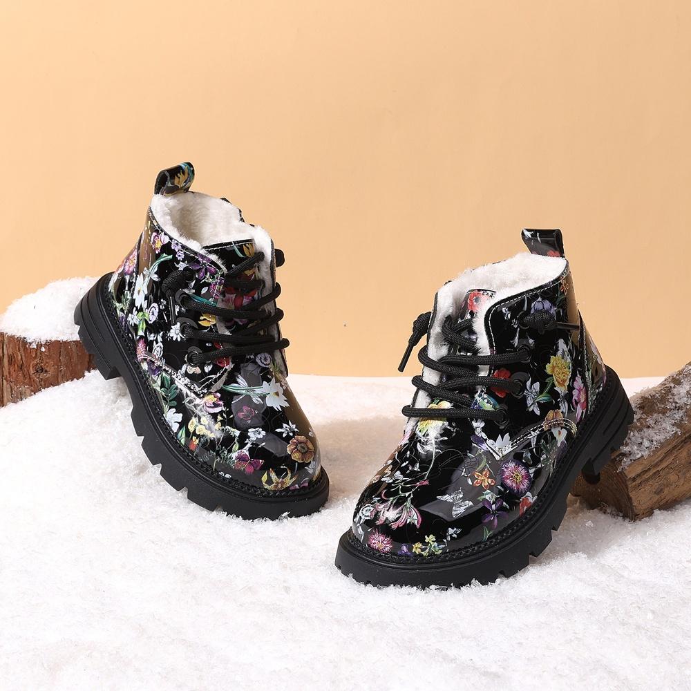 

Winter Children Snow Boots For Girls Leather Flower Warm Plush Toddler Kids Shoes Non-slip Cotton Kids Boots 31 чорний