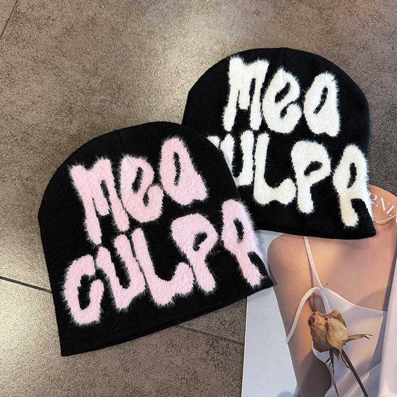 Street Letter Style Pattern Neutral Plush Casual Knitted Hat For Fall And Winter