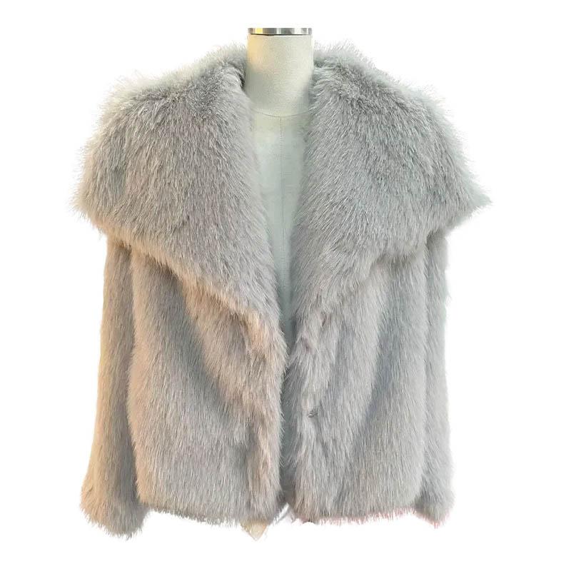 Women Fashion Cropped Faux Fur Jacket Coat Long Sleeve Front Snap-button Female Outerwear Chic Lapel Collar Thick Coat