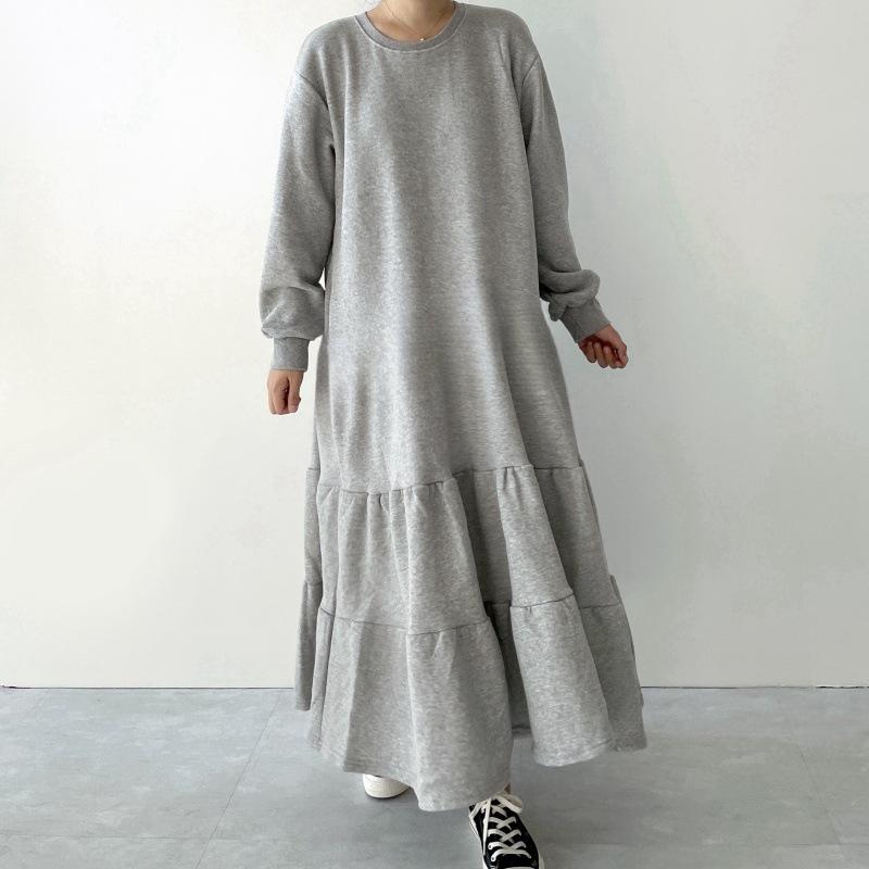 

Spring Summer Sweatshirt Dress Women Ruffle Hem Loose Midi Dress Lantern Sleeve Knee Length M