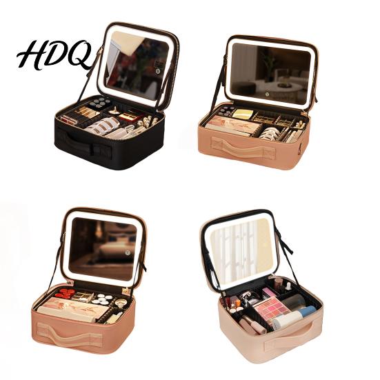 Makeup Bag with LED Mirror USB Charging Case Rechargeable Adjustable Dividers Travel Cosmetic Light-up 3 Color Lights