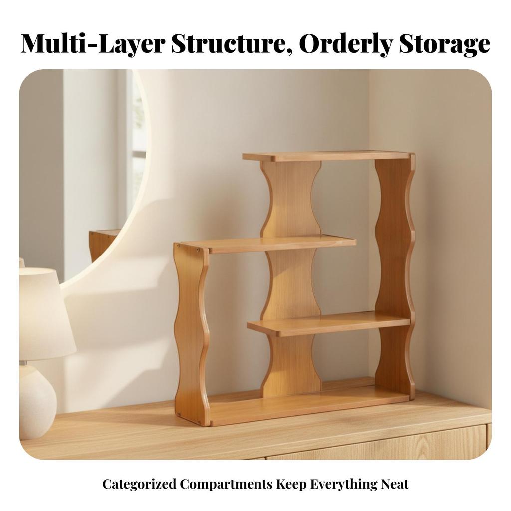 Tabletop Rack Curved Side Panel Wooden Tea Cup Warm Brown Finish Storage Stand