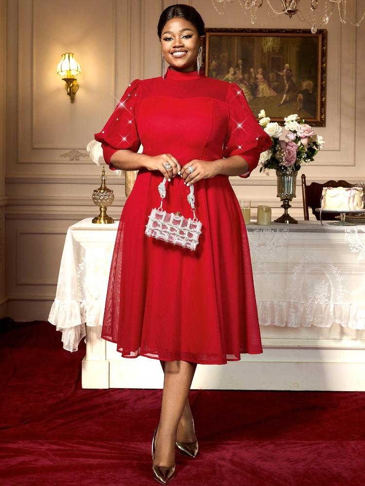 Plus Size Half High Collar A Line Midi Dress for Women with Sheer Puff Sleeve Perfect for Weddings Parties or Holiday Gatherings