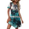 Women’s Short Sleeve Casual Dress with Tropical Floral Print and Vertical Stripes Relaxed Fit Crew Neck Summer Dress