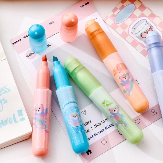 4Pcs Cute Bear Glitter Highlighter Set Large Capacity Pastel Markers for Journaling Notes Smooth Quick-Dry Fun School Supplies for Kids Students