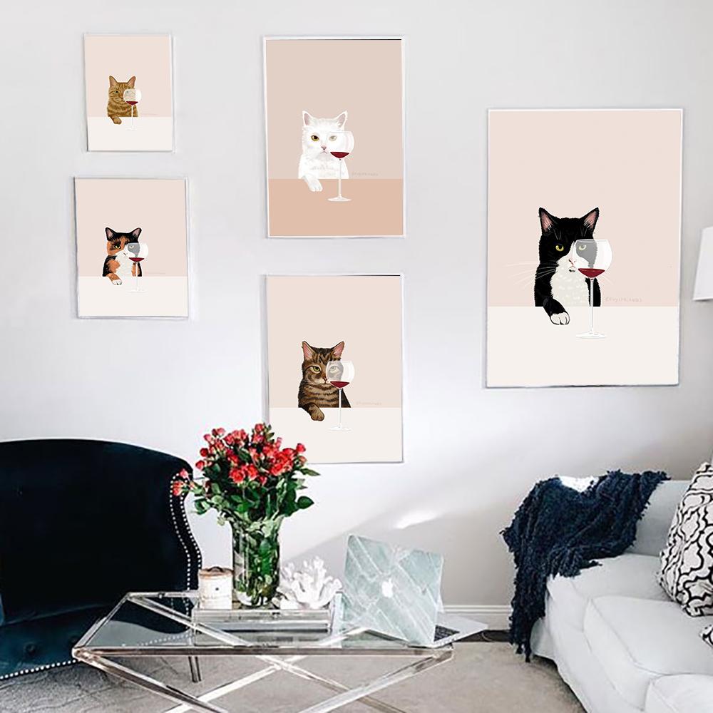 Funny Cat Poster White Cats Taste Red Wine Canvas Painting Cat Lover Gifts Kitchen Wall Art Pictures for Living Room Home Decor