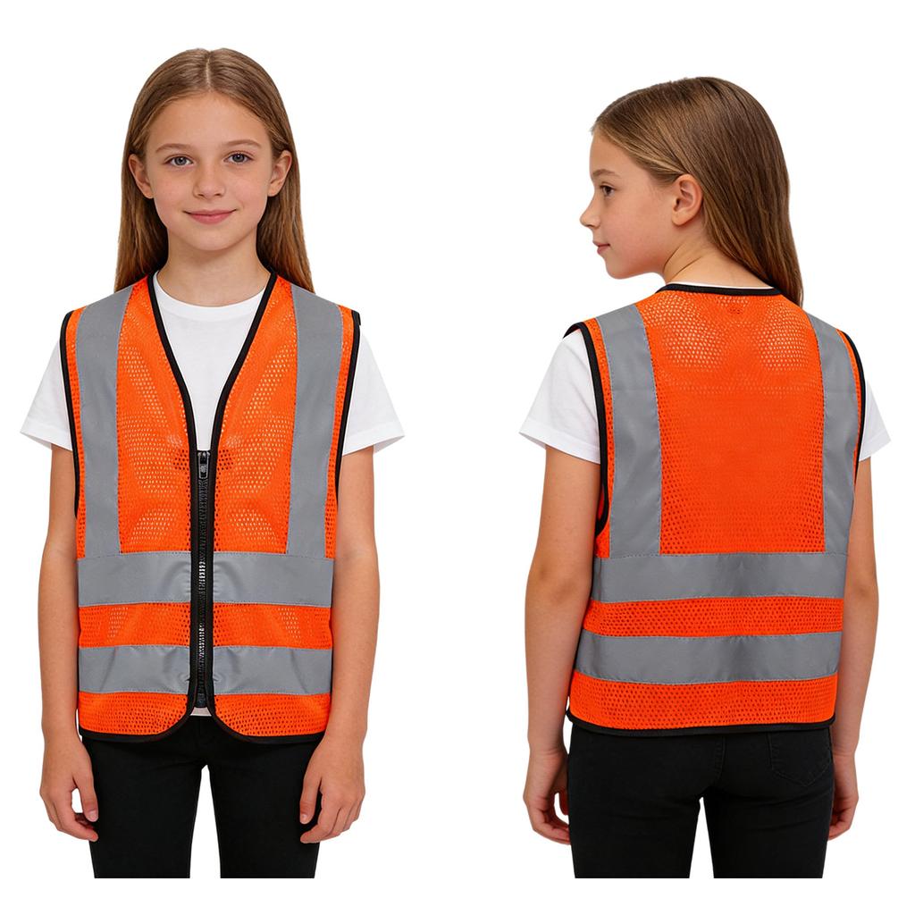 Unisex Kids Safety Vest L-3XL: High Visibility Reflective Sleeveless Zipper Waistcoat for Volunteer Activities & Outdoor Work