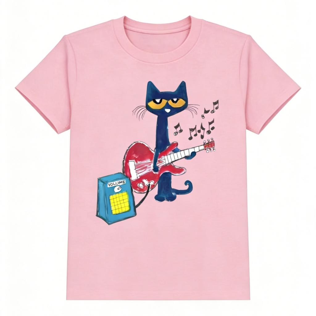 Women Summer Short Sleeve T Shirt Cool Cat Playing Guitar DesignCasual PrintComfortable And VersatileUnisex Style