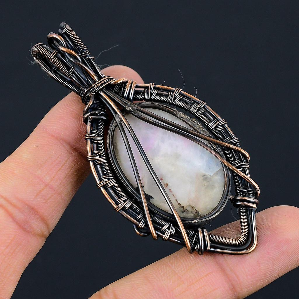 Moonstone Gemstone Pure Copper Wire Wrapped Handmade Pendant Jewelry