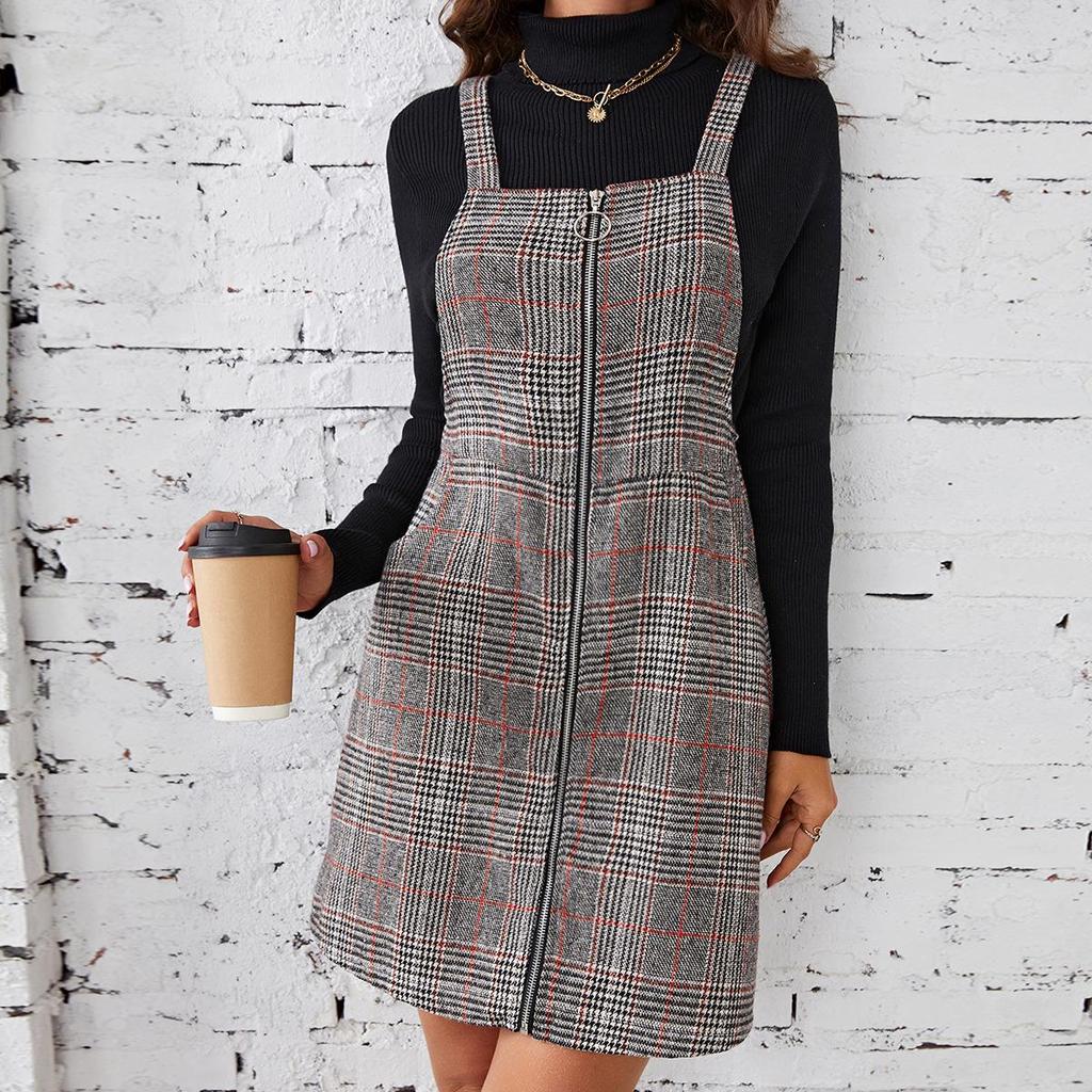 Europeisk og amerikansk rutete kjeledress for kvinner med glidelås og lommer - Vår/Høstmote