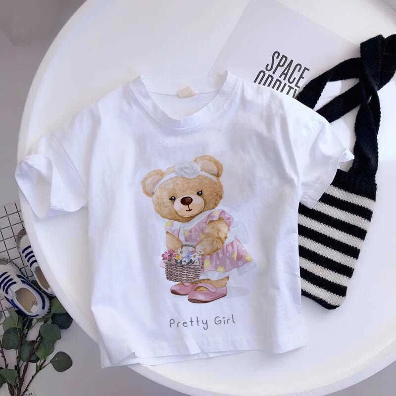 Girls Fashionable Pure Cotton TShirt with Teddy Bear Cartoon Pattern Summer Clothing Fun Childrens Wear Y2K Style