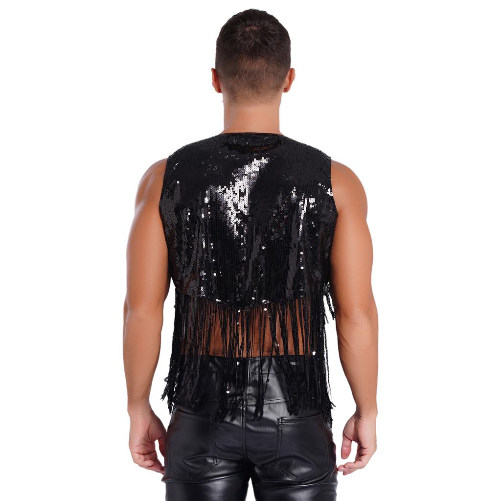 Men Sparkly Sequin Cowboy Vest Open Front Tassel Rivets Shiny Western Waistcoat for 70s Disco Club Parties