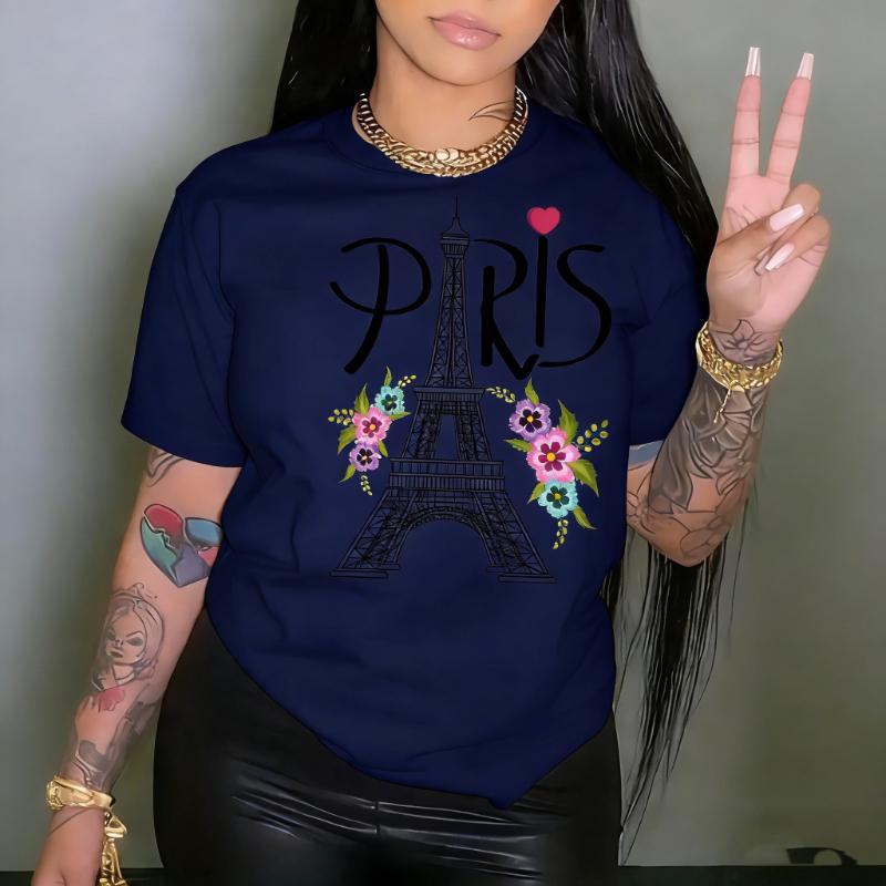 Paris Eiffel Tower Printed Crew Neck Casual TShirt for Summer Spring Women Aesthetic Clothes High Quality Cotton Shortsleev