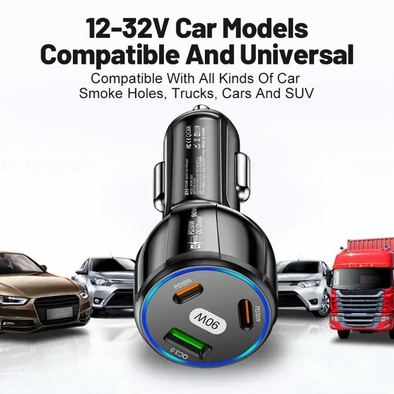 90W Schnellladegerät 3 Ports PD USB Autolade Handy Typ-C Adapter Schnellladegerät im Auto für iPhone 14 15 Pro/Max Samsung