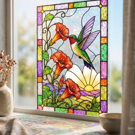 Removable Festive Glass Decor Stained Static Window Clings, Hummingbird Flower Stickers, Home Privacy Screen PVC Decals for Door Sunroom Decoration