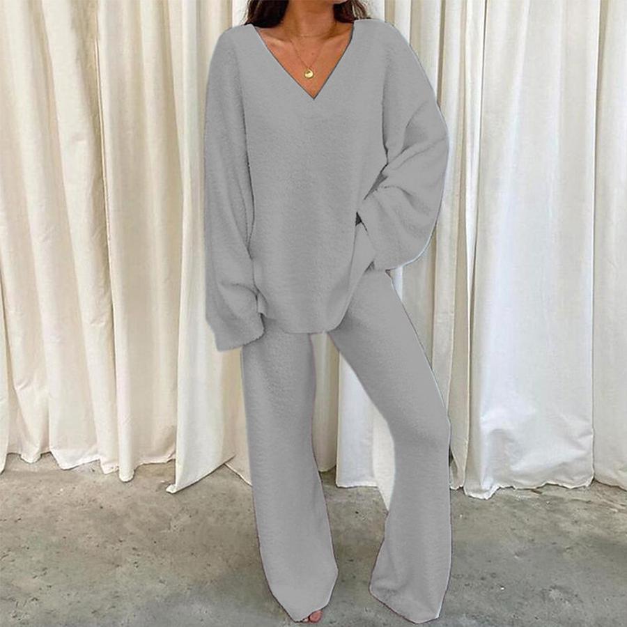 Winter Cozy Solid V-Neck Casual Daily Home Wear Two-Piece Set