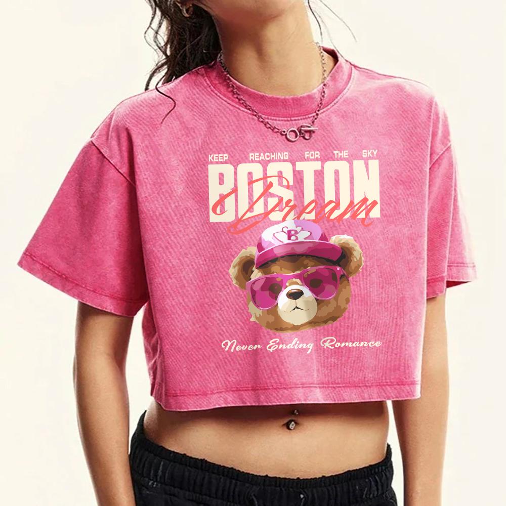 Boston Cartoon Rosa Bär Druck Damen Gewaschenes T-Shirt Baumwolle Lässig Kurzarm Rundhals Crop Top