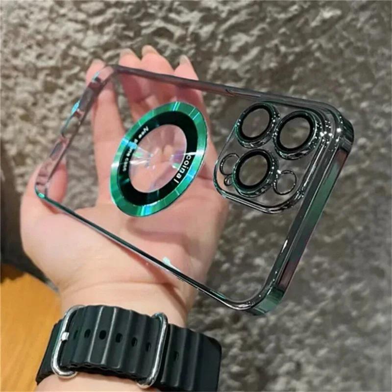Luxury Logo Window Magnet Wireless Charger Plating Clear Case For iPhone 16 15 14 13 12 11 Pro Max Plus Back Cover For Magsafe