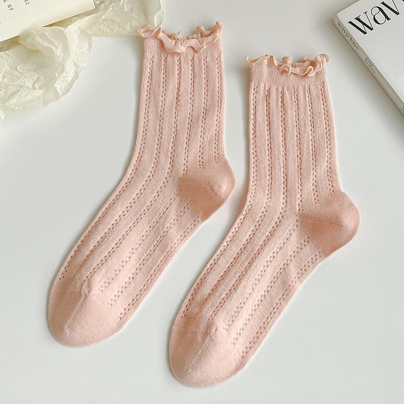 

Pure Cotton Socks - Children s Mid-length Socks, Solid Color, Mesh Design, Breathable, with Wooden Ear Cuffs and Stacked Design. 1 pair рожевий